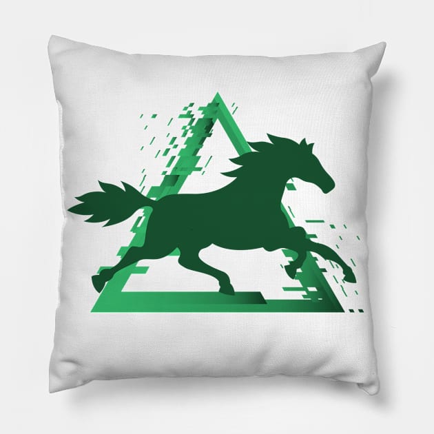 Horse Trotting with a Pixelated Triangular Explosion: Modern Design (green) Pillow by Stupid Coffee Designs