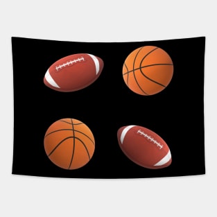 Footballs and Basketballs (Black Background) Tapestry