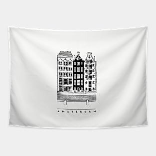 Three old houses. Amsterdam, Netherlands. Realistic black and white illustration. Tapestry