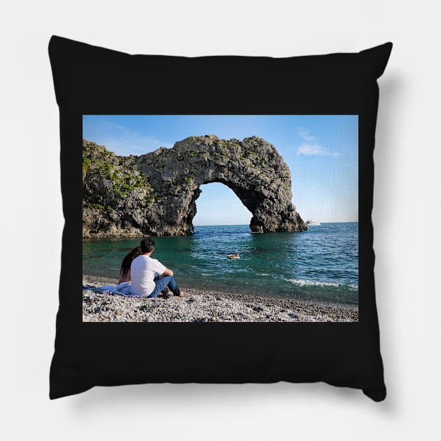 Couple sitting near Durdle door Pillow by fantastic-designs