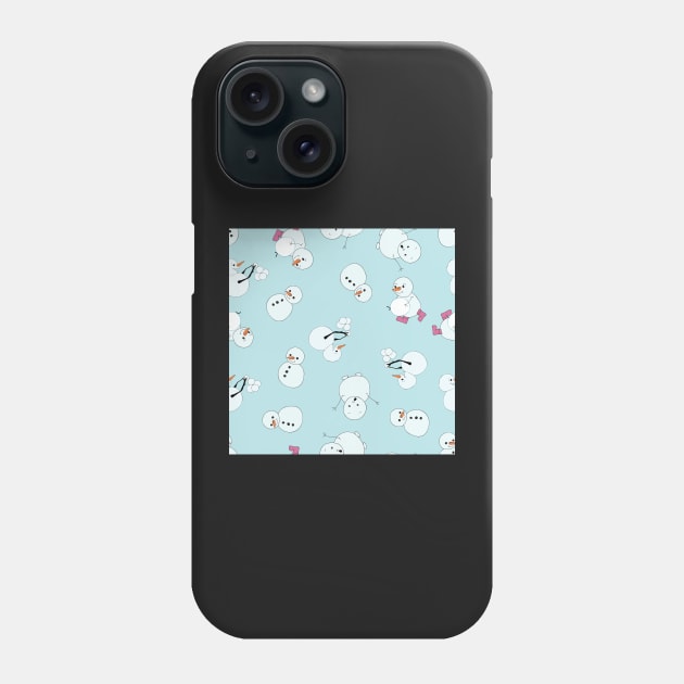 Playful Snowmen playing with snowballs blue background Phone Case by MegMarchiando