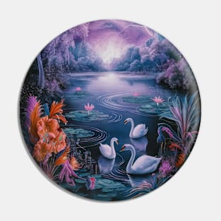 Mystical Moonlit Lake with Swans Pin