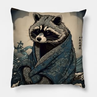 Raccoon and Waves - Traditional Japanese Ukiyoe Painting Pillow