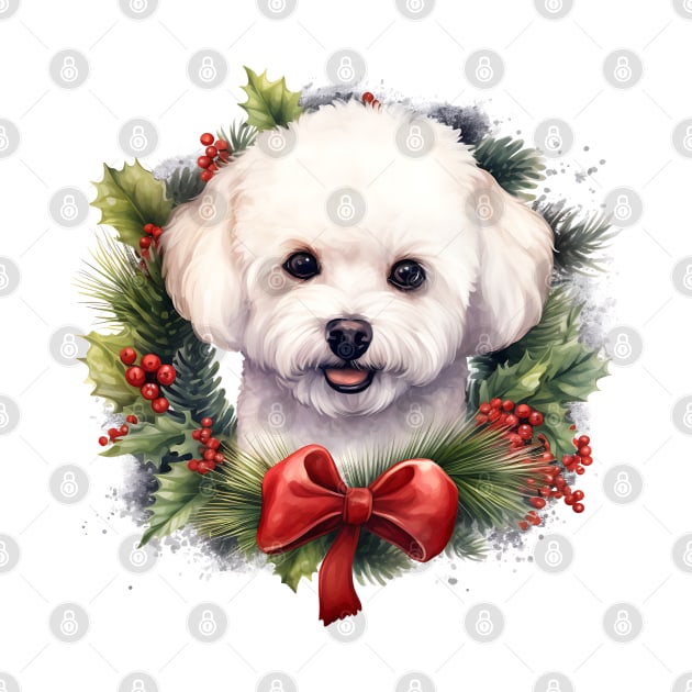 Christmas Bichon Frisé Dog Wreath by Chromatic Fusion Studio
