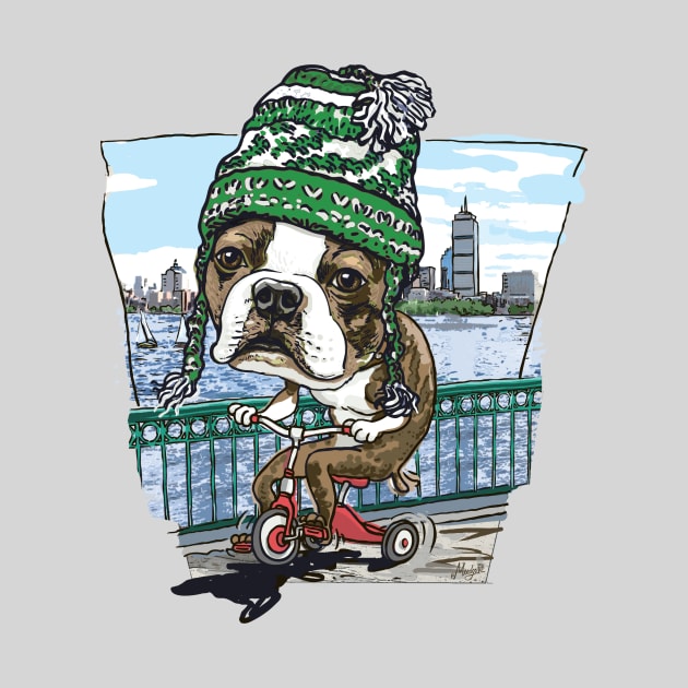 Boston Terrier Dog with Green, White and Black Winter Beanie by Mudge