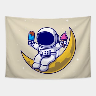 Cute Astronaut Holding Popsicle And Ice cream On Moon  Cartoon Tapestry