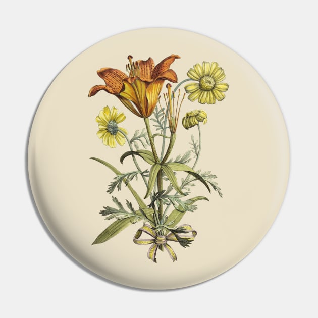 Tiger Lily Flower Bouquet with Ribbon Vintage Botanical Illustration Pin by Biophilia