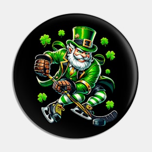 St Patricks Day Leprechaun Showing Hockey Skills Pin