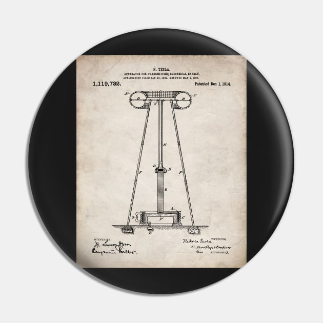 Tesla Transmitter Patent - Electrician Maker Workshop Art - Antique Pin by patentpress