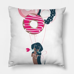 Pastel café sweet love dream // print // fuchsia pink pastry details blue dachshund dog puppy Pillow