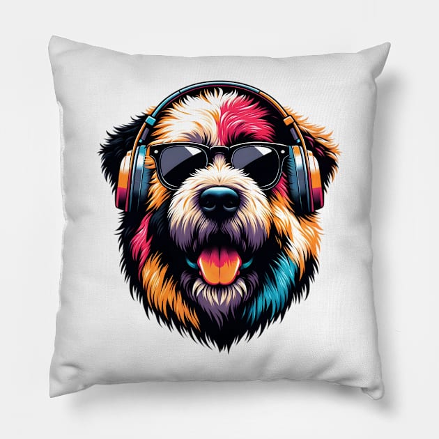 Grinning Bouvier des Flandres as Smiling DJ with Headphones Pillow by ArtRUs
