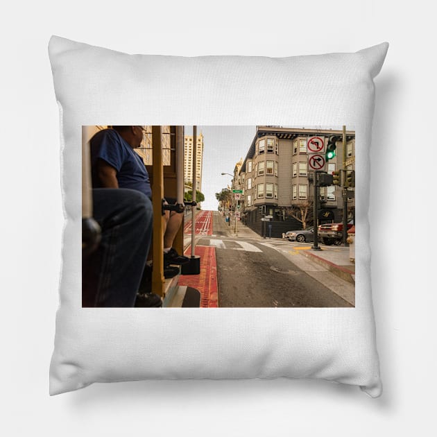 Riding In A Cable Car Pillow by KensLensDesigns