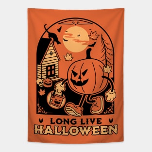 Long Live Halloween - Retro Vintage Halloween Pumpkin Cat Tapestry