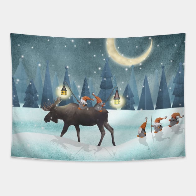 Scandinavian gnomes with moose watercolor illustration. Cute Christmas gnomes in snow forest. Winter fantasy moon night. Swedish Nordic funny gnomes Tapestry by likapix