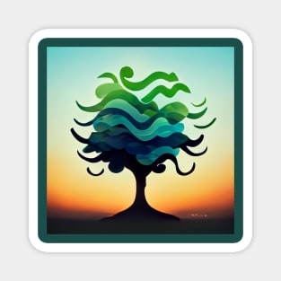 Solitary stylized tree at sunset with green and blue leaves. Magnet