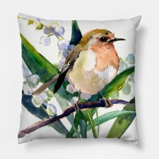 Robin Bird and Lilies of the Valley Flowers Pillow