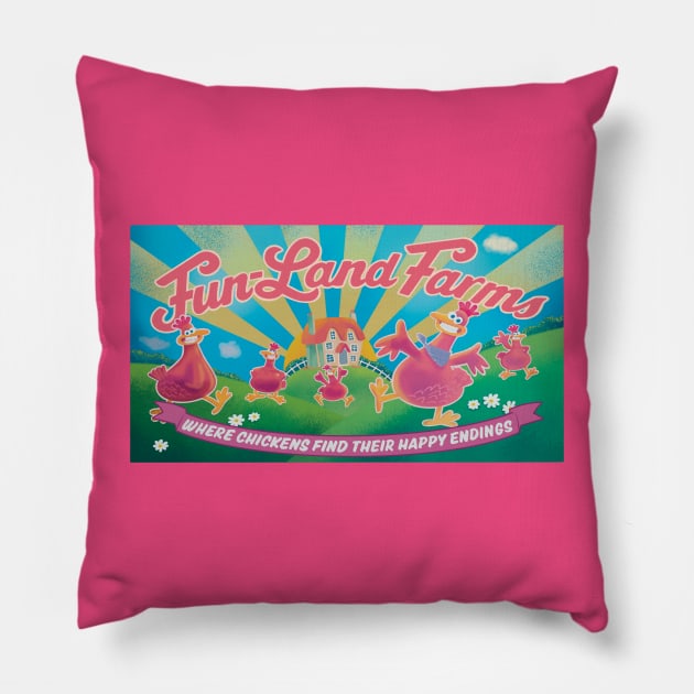 Fun-Land Farms (Chicken Run) Pillow by daniasdesigns