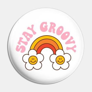 Retro rainbow and daisy with text: Stay groovy Pin
