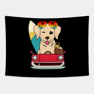 Surfer golden retriever driving to the beach Tapestry