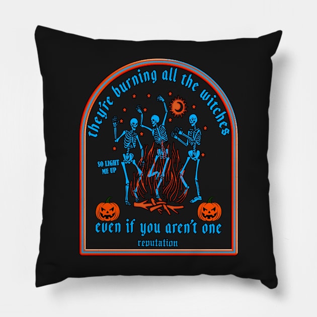 Copy of They're Burning All The Witches Halloween Skeleton Dancing Pillow by masterpiecesai