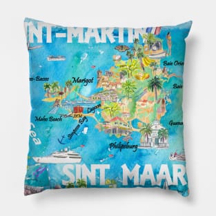 Saint Martin Illustrated Travel Map With Roads Pillow