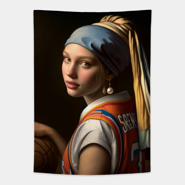 Court Elegance: Pearl Earring Girl's March Madness Tapestry by Edd Paint Something