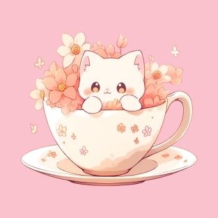 Cute Cat in a Teacup with Flowers T-Shirt