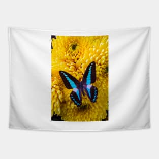 Blue Black Butterfly On Yellow Mums Tapestry