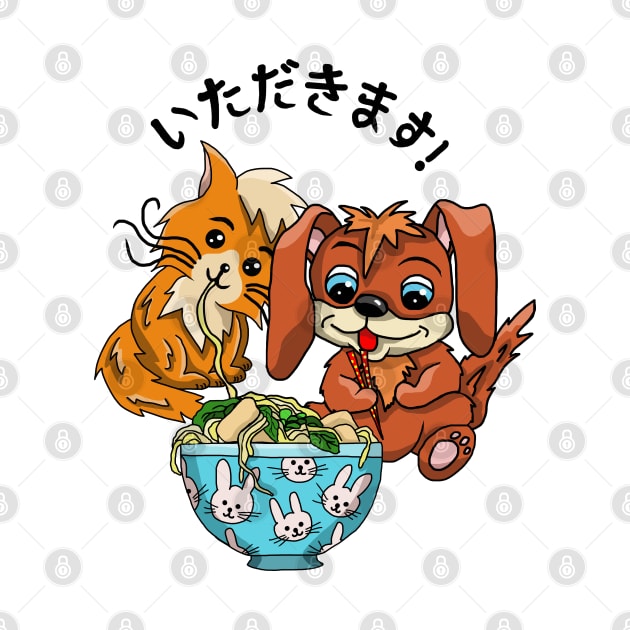 Cute cat and dog eating ramen noodles by cuisinecat