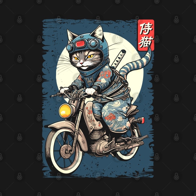 Japanese Samurai Cat on Motorcycle Kawaii Ninja Cat by Apocatnipse Meow