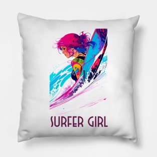 surfer girl, beach surf, wave riding, v4 Pillow