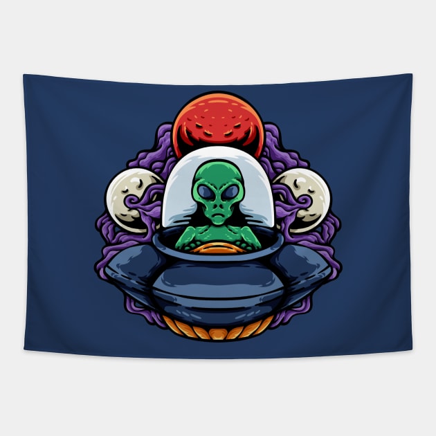 Alien Flying a Spaceship Tapestry by SLAG_Creative