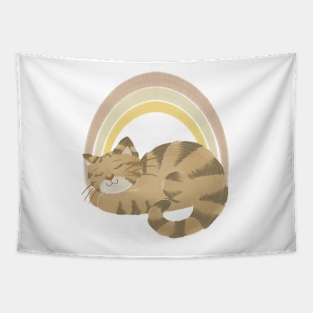 Sleeping cat and rainbow Tapestry by AbbyCatAtelier