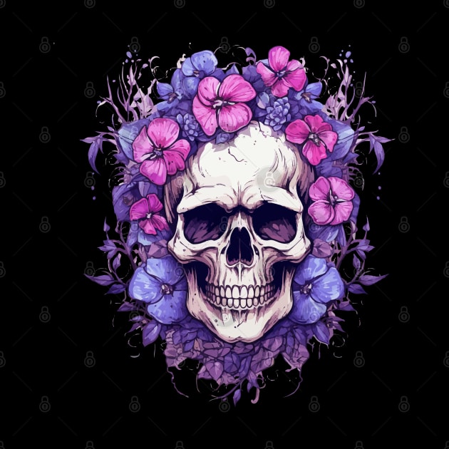 Skull and Purple Flowers by VelvetRoom