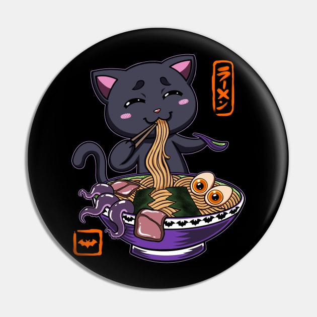 Halloween Kawaii chibi Ramen Black cat spooky fall art Pin by JustJoshDesigns