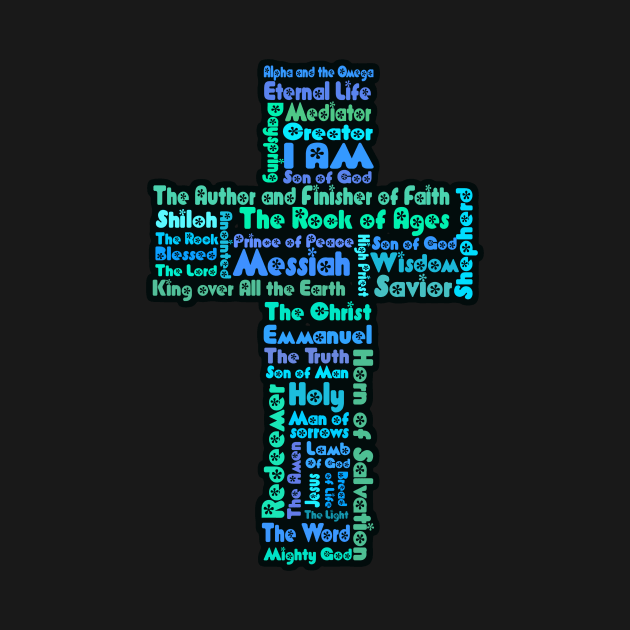 Funky Blue and Green Retro Style Names of Jesus Cross by AlondraHanley