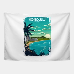 Honolulu Hawaii Vintage Minimal City Travel Poster Tapestry