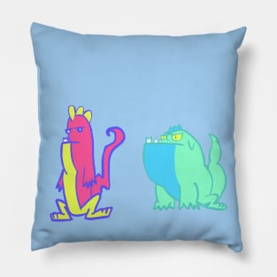 Dino Duo: Pink, Yellow, Blue, and Turquoise Dinosaurs Pillow