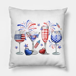 4th Of July Wine Glasses, Independence Day, USA Flag Pillow