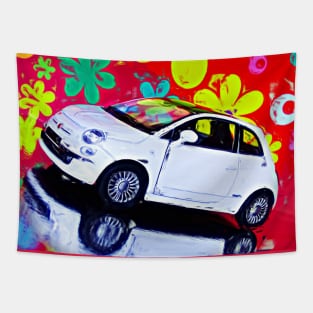 White Fiat 500 surrealism Tapestry