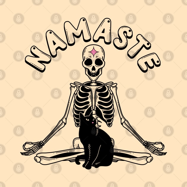 Yoga Namaste Black Cat in beige by The Charcoal Cat Co.