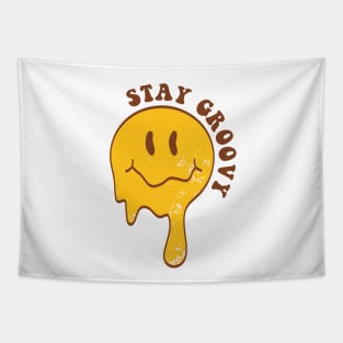 Groovy Melting Smile Face with lettering quote in 70s style. Drippy Smiley Face. Tapestry