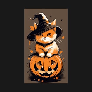 Cute Cat Wearing A Wizard Hat On A Pumpkin T-Shirt