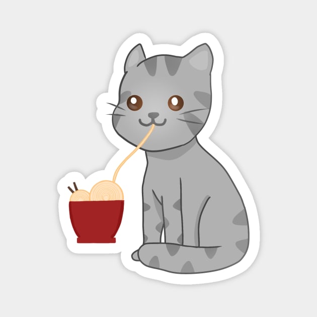 Kawaii Gray Cat Eating Ramen, Cat Lover Magnet by logiamerch