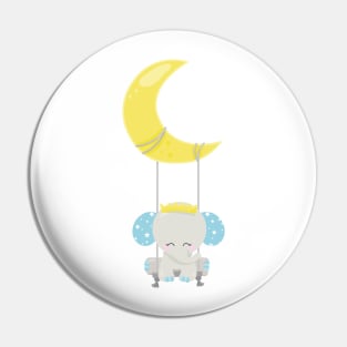 Cute Elephant, Elephant On A Swing, Crown, Moon Pin