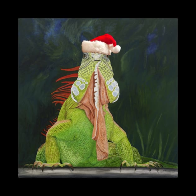 Green Iguana in Santa Hat by KarenZukArt