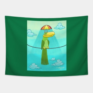 Umbrella Hat Bird Lounging on a Wire Tapestry