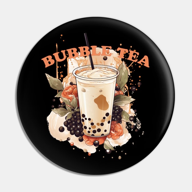 BUBBLE TEA  - boba tea - tapioca, flowers and green leafs Pin by OurCCDesign