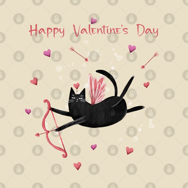 Happy valentines black cat. Cute cat and red hearts. by Olena Tyshchenko