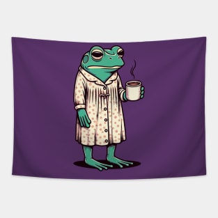 Sleepy tired frog with coffee Tapestry